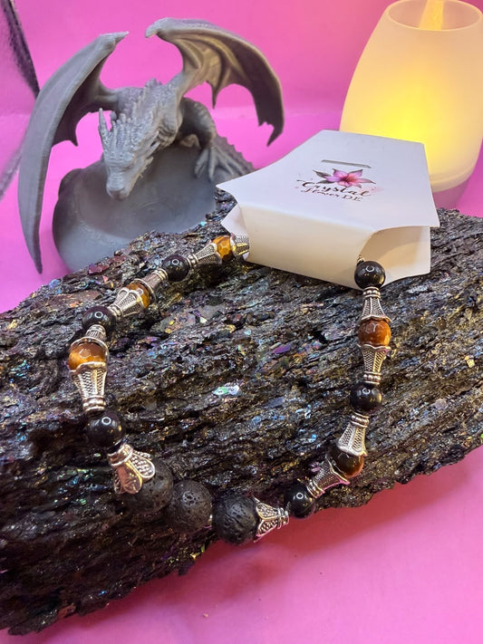 Tigerauge, Obsidian und Lava Handmade Armband