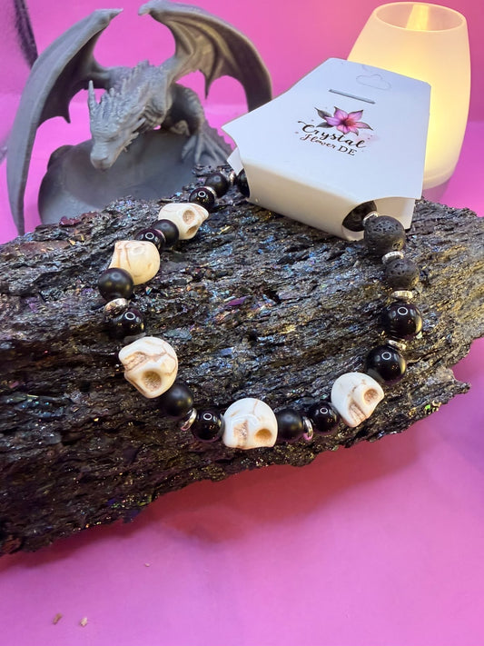 Skull Lava und Obsidian Handmade Armband