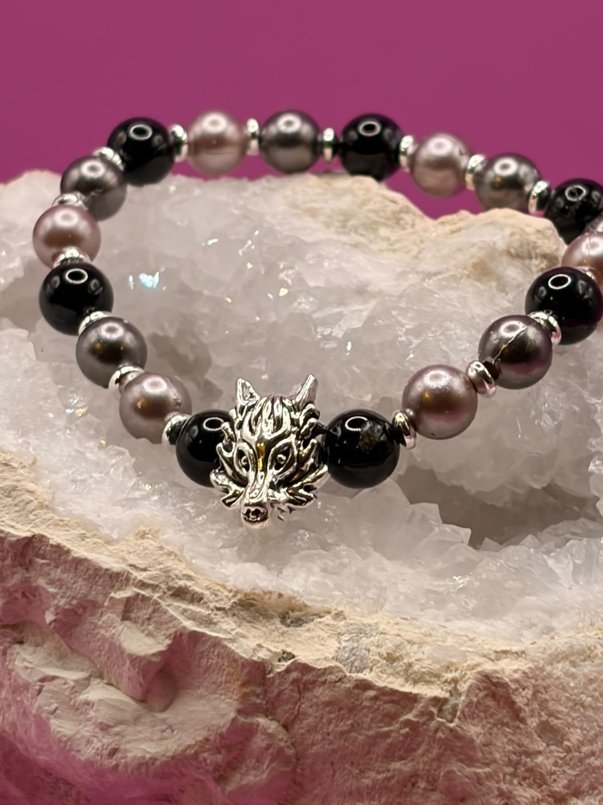 Obsidian und Hämatit Handmade Armband mit Wolfskopf